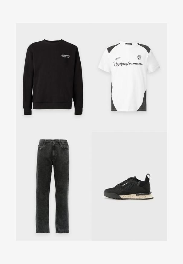 Fekete pulóver, kerek nyakkivágással, bordázott mandzsettákkal és alsó részzel. Jellemzője a fehér hímzett szöveg, amely a "J&J since 1990 Society Club" feliratot tartalmazza.; Fehér, rövid ujjú póló fekete részletekkel. Az "REPLAY FC" logó és a "Highpeformance" felirat sportos betűtípussal díszíti. Simogatós anyagból készült.; Fekete farmernadrág egyenes szárvágással, öt zsebbel, gombos záródással és enyhe elhalványulással az anyagon.; Replay FIELD MELT 25 - Sportcipő - black