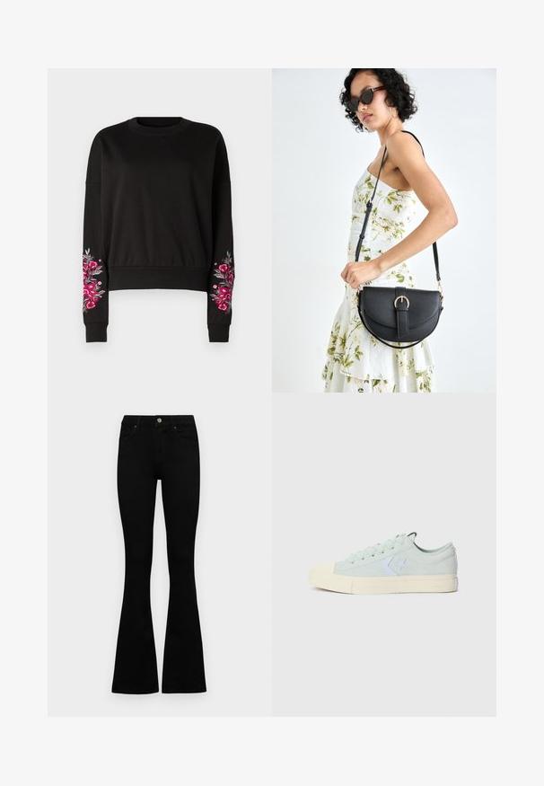 Svart hettegenser med lange ermer, med livlige rosa blomsterbroderier på venstre erme og ribbestrikket rund hals. Myk stofftekstur.; Sorte høytlivsjeans med knapp og glidelås, frontlommer og utsvingte bein liggende flatt på en hvit bakgrunn.; Lys myntegrønne kanvas-sneakers med gummitåhætte, hvid stjernesymbol og elfenbensfarvet gummisål. Har et klassisk snørebånd-design.; Svart lærveske med en buet form, avtagbar stropp og gullbeslag. Vesken har et klaff med spenne-detall.