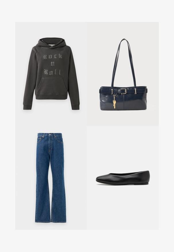 Mørkegrå hættetrøje lavet af blødt materiale, med en front kangaroo lomme og udsmykket med "Rock n Roll" i tekstureret sølvskrift.; Blå denim flared jeans med høj talje, der har fem lommer, en sølvfarvet knaplukning og synlige stikninger.; Paul Smith TOPANGA - Ballerinasko - black; Mørkeblå læderhåndtaske med to lange håndtag, en spænde detaljer og en nøglering vedhæftet. Den har en glat tekstur og en rektangulær form.
