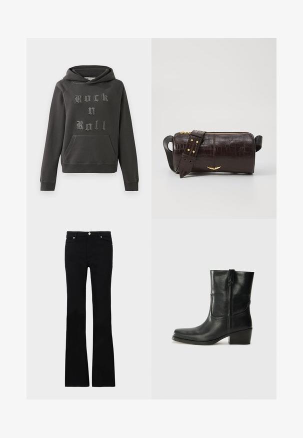 Mørkegrå hættetrøje lavet af blødt materiale, med en front kangaroo lomme og udsmykket med "Rock n Roll" i tekstureret sølvskrift.; Sorte bløde jeans lavet af denim, med to frontlommer, knaplukning og en glat tekstur. Signaturstikninger synlige ved sømmene.; Sort læder ankelstøvle med rundt tå, blokhæl, lynlås i siden og stikninger på vampsiden. Glat tekstur, klassisk design.; Brun krokodilleder taske med cylindrisk form, hardware i guld-tone, og en aftagelig rem med nitter.