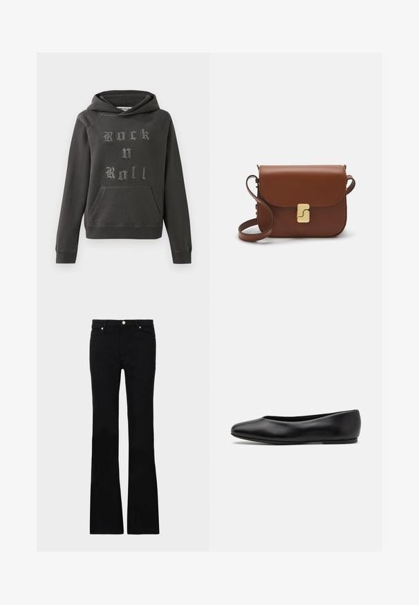 Mørkegrå hættetrøje lavet af blødt materiale, med en front kangaroo lomme og udsmykket med "Rock n Roll" i tekstureret sølvskrift.; Sorte bløde jeans lavet af denim, med to frontlommer, knaplukning og en glat tekstur. Signaturstikninger synlige ved sømmene.; Paul Smith TOPANGA - Ballerinasko - black; Brun læder håndtaske med flaplukning, hardware i gyldent tone, en skulderrem og en glat overflade. Kompakt rektangulær form.