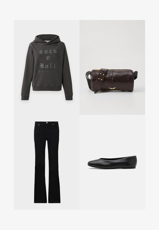 Donkergrijze hoodie van zacht materiaal, met een voorzak in kangoeroestijl en versierd met "Rock n Roll" in getextureerde zilveren letters.; Zwarte flared jeans van denim, met twee voorzakken, een knoopsluiting en een gladde textuur. Kenmerkende stiksels zichtbaar bij de naden.; Paul Smith TOPANGA - Ballerina's - black; Bruine krokodil-embosserende leren tas met een cilindervorm, gouden hardware en een afneembare schouderband met studs.