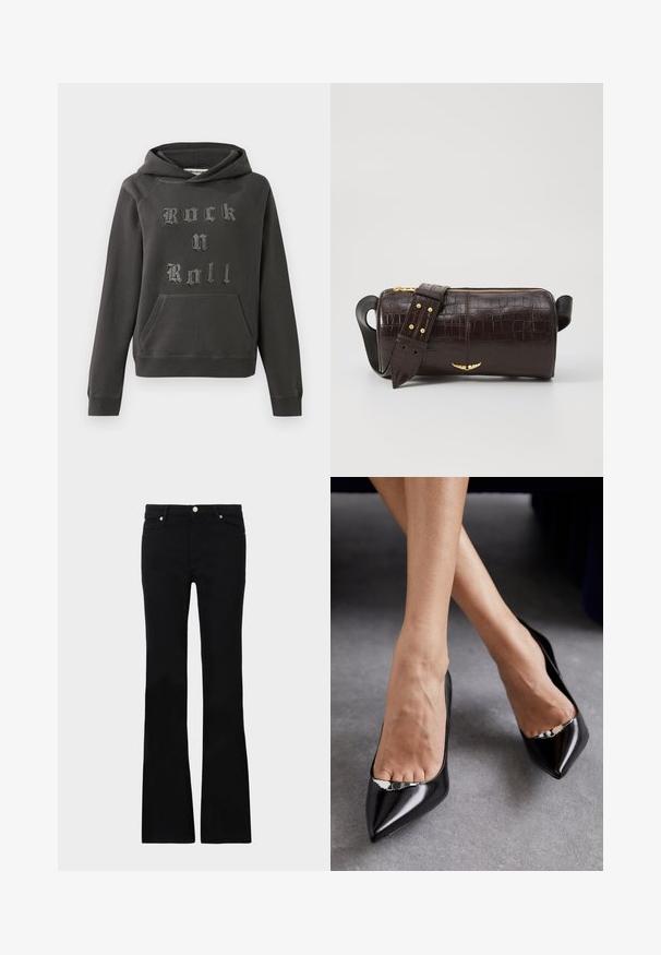 Felpa grigia scura realizzata in morbido materiale, con tasca a marsupio frontale e impreziosita dalla scritta "Rock n Roll" in lettere argentate testurizzate.; Jeans neri svasati in denim, dotati di due tasche anteriori, chiusura con bottone e una texture liscia. Cuciture iconiche visibili nei punti di giuntura.; Scarpe nere in pelle con tacco alto, punta affilata e design aperto, caratterizzate da un accento decorativo in argento. Texture liscia con finitura lucida.; Borsa in pelle stampata a coccodrillo marrone con forma cilindrica, accessori in tonalità oro e una tracolla staccabile con borchie.