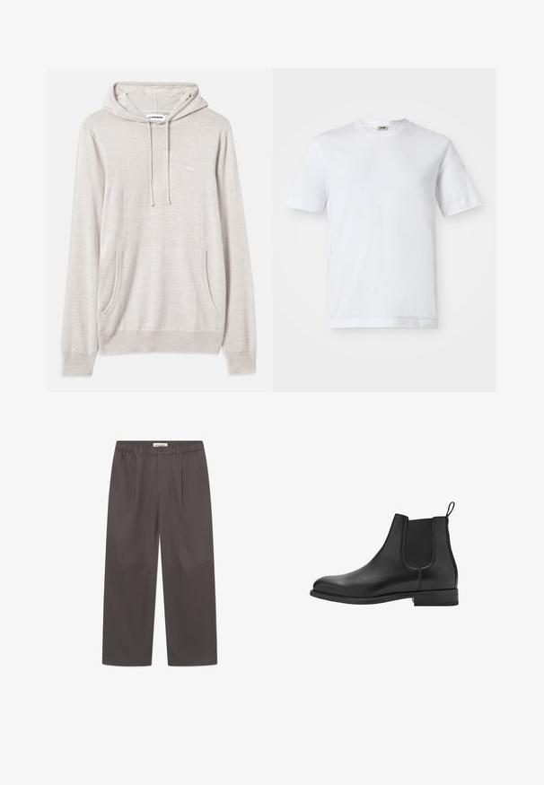 Svetle šedá mikina s kapucí na šňůrku, přední kapsou a ribovanými manžetami. Vyrobena z měkké látky, s jemným brandingem na hrudi.; Bílá bavlněná tričko s krátkým rukávem, kulatým výstřihem a hladkou texturou. Žádné vzory ani akcenty nejsou viditelné.; Šedé široké kalhoty vyrobené z hladké látky, s knoflíkovým zapínáním a dvěma bočními kapsami. Jednoduchý, čistý design bez viditelných vzorů.; Černé kožené chelsea boty s elastickými bočními panely, kulatou špičkou a nízkým blokovým podpatkem. Hladká textura a čistý, minimalistický design.