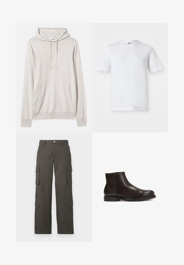Felpa con cappuccio grigio chiaro, dotata di cordino, tasca frontale a marsupio e polsini a costine. Realizzata in un tessuto morbido, presenta un leggero branding sul petto.; T-shirt bianco in cotone con maniche corte, scollatura rotonda e una texture liscia. Non sono visibili motivi o accenti.; Pantaloni cargo dritti grigio scuro con chiusura a bottone e quattro tasche con pattina, due sulle cosce e due vicino ai polpacci.; Stivale alla caviglia in pelle nera con una superficie liscia, punta arrotondata e tacco basso. Presenta una zip laterale per indossarlo facilmente.