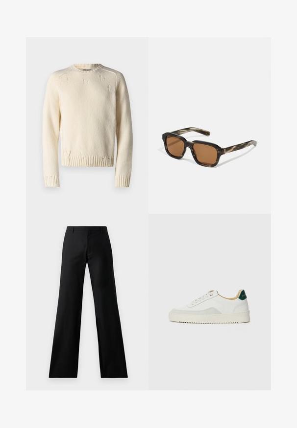 Kreemivärvi kootud sviiter ribitud mansettide ja alläärtega. Omab kulunud detaile ja klassikalist ümarat kaelaauku. Tekstureeritud pind.; Mustad laiad püksid, mis on valmistatud siledast kangast. Omavad keskmise kõrgusega vöökoht ja ees olevaid voldikesi, pakkudes vormitud siluetti.; Valged tennisjalanõud, millel on sametised aktsendid, ümar varvas, lame nöörid ja kreemjas kummine põhja. Hästi nähtav roheline bränding kannal.; Plastist prillid kilpkonnasarnase mustriga, oktagonaalsed pruunid läätsed ja õhukesed kuldsed metallsangad raamile.; Vivienne Westwood CITY BUMBAG UNISEX - Puusakott - black; AGNELLE RICK - Sõrmkindad - tmoka