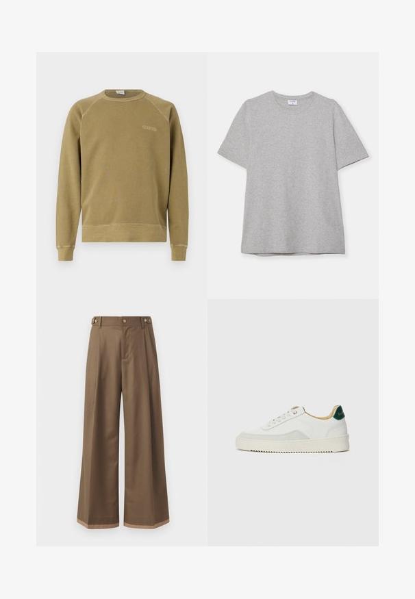 Olivzaļš kapučjaka ar raglan piedurknēm, apaļu kakla izgriezumu un izšūtu "CLOSED" logo. Izgatavota no mīksta kokvilnas auduma, ar ribotu apakšmalu.; Pelēks īsā piedurkņu T-krekls, kas izgatavots no mīkstas, teksturētas auduma. Tam ir klasiskā apļa kakla izgriezums un taisna apakšmalā, piemērots ikdienas valkāšanai.; Plati bikses tumši brūnā audumā, ar divām sānu kabatām, diviem dekoratīviem priekšējiem pogām un kontrastējošu apakšējo malumu detaļu.; Baltas sneakers ar zamša akcentiem, noapaļota purngala, plakaniem auklām un krēmkrāsas gumijas zoli. Ar zaļu zīmolu uz papēža.