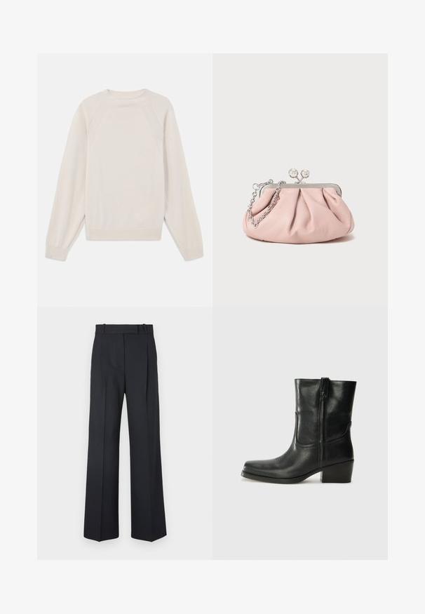 Hellbeige Pullover aus weichem Strickstoff. Mit Rundhalsausschnitt, langen Ärmeln und gerippten Bündchen sowie Saum im Raglan-Schnitt.; Dunkelblaue Nadelstreifenhosen mit hoher Taille, weit geschnittenem Bein und ohne sichtbare Beschläge oder Verzierungen. Glatte Textur und taillierte Passform.; Schwarze Leder-Ankle Boots mit runder Zehenform, Blockabsatz, seitlichem Reißverschluss und gestickten Akzenten auf dem Blatt. Glatte Textur, klassisches Design.; Rosa Leder-Clutch mit einem gerafften Design, Metallrahmen, zwei runden Verschlüssen und einem silbernen Kettenriemen. Glatte Textur, kompakte Form.