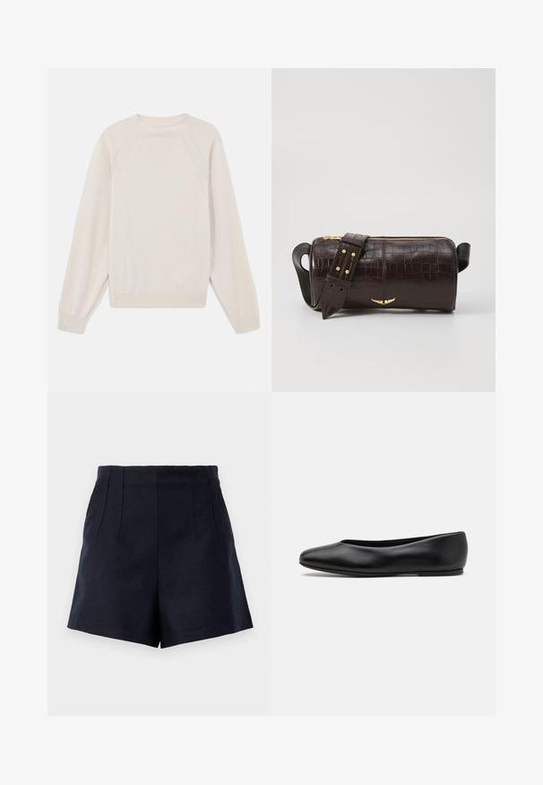 Pull léger en crème, fabriqué en tissu tricoté doux. Présente un col rond, des manches longues, et des poignets et un ourlet côtelés avec un design de manches raglan.; Shorts bleu marine au design ajusté, dotés de deux plis sur le devant, d'une texture lisse et d'une coupe droite à longueur de cuisse.; Paul Smith TOPANGA - Ballerines - black; Sac en cuir embossé crocodile marron avec une forme cylindrique, quincaillerie dorée et une bandoulière détachable ornée de clous.