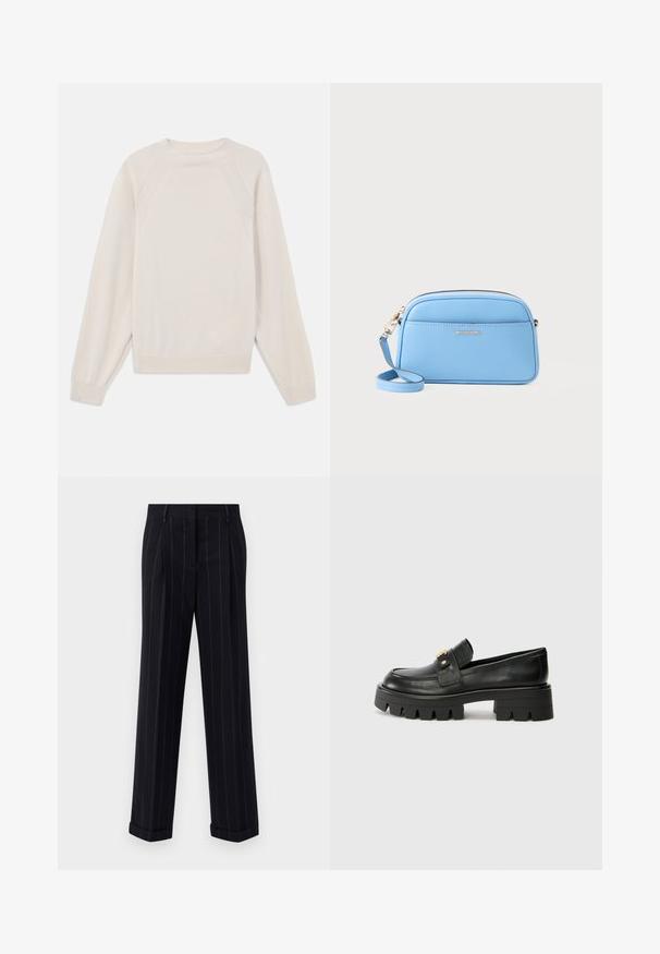 Svetlý krémový sveter vyrobený z mäkkej pleteniny. Má okrúhly výstrih, dlhé rukávy a rebrované manžety a lem, pričom je navrhnutý so švom na raglánových rukávoch.; Čierne pruhované nohavice s prispôsobeným strihom, s manžetou na leme a prednými záhybmi. Vyrobené z hladkej tkaniny so štruktúrovaným dizajnom.; Čierne kožené mokasíny s masívnou podrážkou, s akcentom v zlatej farbe na prednej strane a hladkým povrchom. Na podrážke je výrazný dezén.; Svetlomodrá kožená crossbody taška so zlatými detailmi, zipsom a prednou vreckom. Obsahuje nastaviteľný popruh pre pohodlné nosenie.