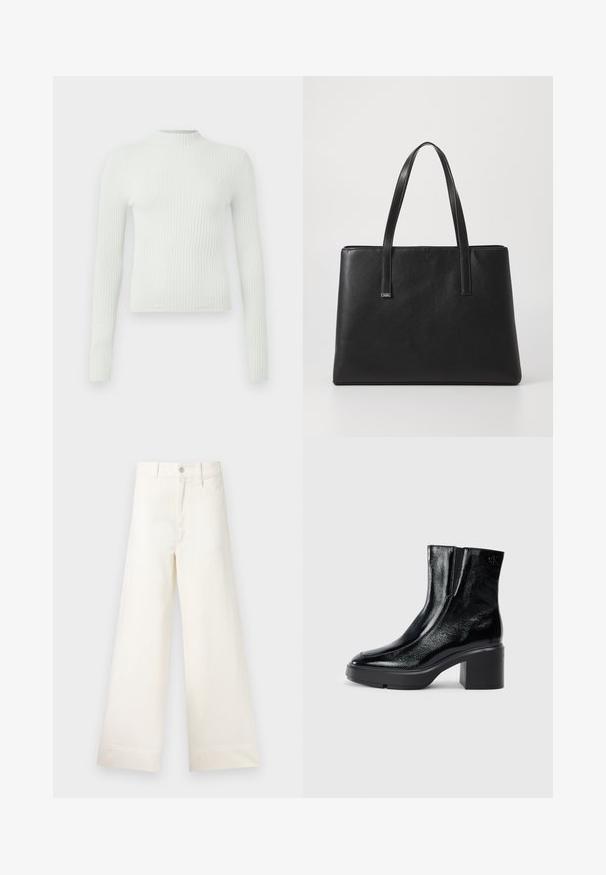Svetlozeleno rebrasto dolg rokav majico s visokim ovratnikom in majhnim veznim logotipom na prsih. Ohlapen kroj in teksturirana tkanina.; Široke hlače iz svetlo bež bombaža. Imajo visoko pas, sprednje žepke in ravno krojenje. Čist zaključek brez vzorcev.; Črne lakirane gležnjarje z ukrivljenim nosom, elastičnimi stranskimi paneli in debelim blokastim peto. Imajo vtisnjen logotip na zadnjem delu.; Črna usnjena torba s two dolgimi ročaji, pravokotne oblike, teksturirane površine in minimalističnega dizajna. Brez vidne strojne opreme ali dodatkov.