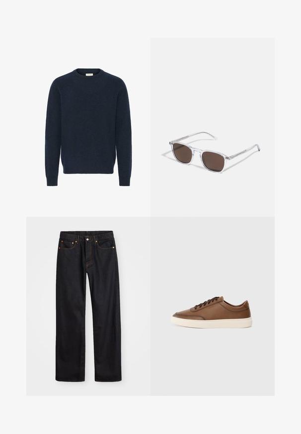 Tumesinise kudumisega sviiter, millel on ümmargune kaelus, pikad varrukad ja soonikkoes mansetid; valmistatud pehmest, tekstuuriga materjalist. Mingeid mustreid ega aktsente ei ole nähtaval.; Meeste sirge jala mustad denim teksad viie taskuga, oranž õmblus, nupu ja tõmblukuga ees nagu vöökoht.; Pruun nahast tennis, millel on sile viimistlus, paeltega disain ja kontrastne virsikuvärvi kummitald. Minimalistlik bränding külgedel.; Selged plastist prillid ristkülikukujuliste pruunide läätsedega, millel on õhukesed, läbipaistvad varsud ja metallaktsendid templites.