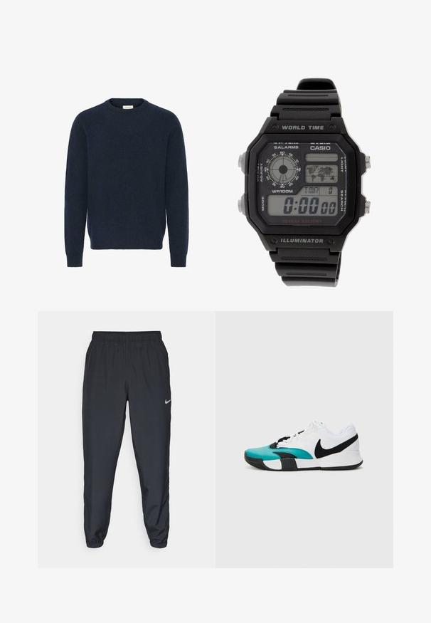 Mörkblå stickad tröja med rund halsringning, långa ärmar och ribbade mudd. Tillverkad av mjukt, texturerat material. Inga mönster eller detaljer synliga.; Svarta träningbyxor i lätt tyg med elastisk midja, vristmanchetter och en diskret Nike-logotyp på vänster sida.; Vit sportskor med turkosa och svarta accenter, med en texturerad ovandel och gummisula. Inkluderar svart Nike-logotyp.; Digital armbandsur med en svart gummiremm, rektangulärt boett och glas. Visar tid, världstidkarta och knappar för alarm och belysning.