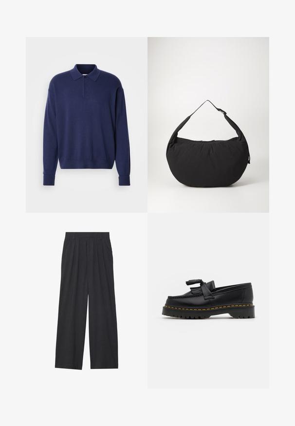 Ναυτικό μπλε πουλόβερ με γιακά, μακριά μανίκια και ριχτές μανσέτες. Μαλακή υφή με άνετη εφαρμογή και τριπλή κουμπότρυπα.; Παντελόνι φαρδύς γραμμής από σκούρο γκρι ύφασμα. Διαθέτει πιέτες στη μέση, εφαρμοστή γραμμή και ευθεία σιλουέτα.; Μαύρο δερμάτινο loafer με τασέλ καφέ, με χοντρή μαύρη σόλα και κίτρινη ραφή στην άκρη. Υφή με υλικό texture.; Μαύρη υφασμάτινη τσάντα ώμου με καμπυλωτό σχήμα, διαθέτει έναν ενιαίο ιμάντα και κλείσιμο με φερμουάρ. Μαλακή υφή, μινιμαλιστικός σχεδιασμός.