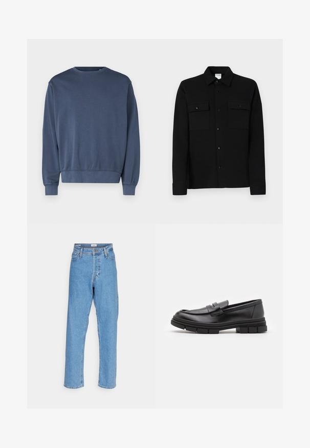 Σκούρος μπλε φούτερ από μαλακό ύφασμα, με στρογγυλή λαιμόκοψη, μακριά μανίκια και ριμπ στα μανίκια και την ανάκλαση. Απλό σχέδιο, χωρίς μοτίβα ή γραφικά.; Μαύρο πουκάμισο με κουμπάκια, κατασκευασμένο από απαλό ύφασμα, με δύο τσέπες στο στήθος, γιακά σε σχήμα σημείου και κουμπωτές μανσέτες. Απλός σχεδιασμός με ελάχιστες λεπτομέρειες.; Ανοιχτό μπλε ψηλόμεσα παντελόνια με ίσια γραμμή, με μπροστινό κουμπί, κλείσιμο με φερμουάρ, θηλιές για ζώνη και σχεδίαση πέντε τσεπών σε λευκό φόντο.; Μαύρο δερμάτινο loafers με λείο φινίρισμα, που διαθέτει λεπτομέρεια μπροστινής ταινίας και χοντρή ελαστική σόλα με γραμμωτές λεπτομέρειες.