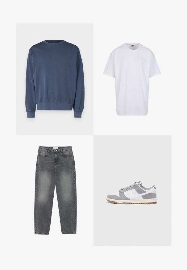 Felpa blu scuro in morbido tessuto, con collo a giro e maniche lunghe, e polsini e orlo a coste. Design semplice, senza motivi o grafiche.; Maglietta bianca in cotone con maniche corte, scollatura rotonda, vestibilità comoda e senza loghi o motivi visibili. Texture liscia e design minimale.; Jeans a vita alta, dal taglio ampio in denim nero sbiadito. Presentano cinque tasche, passanti per cintura e un design dritto e pulito.; Sneaker grigia e bianca con tomaia in suede e pelle, punta arrotondata, lacci piatti e soletta in gomma con un accento color caramello.
