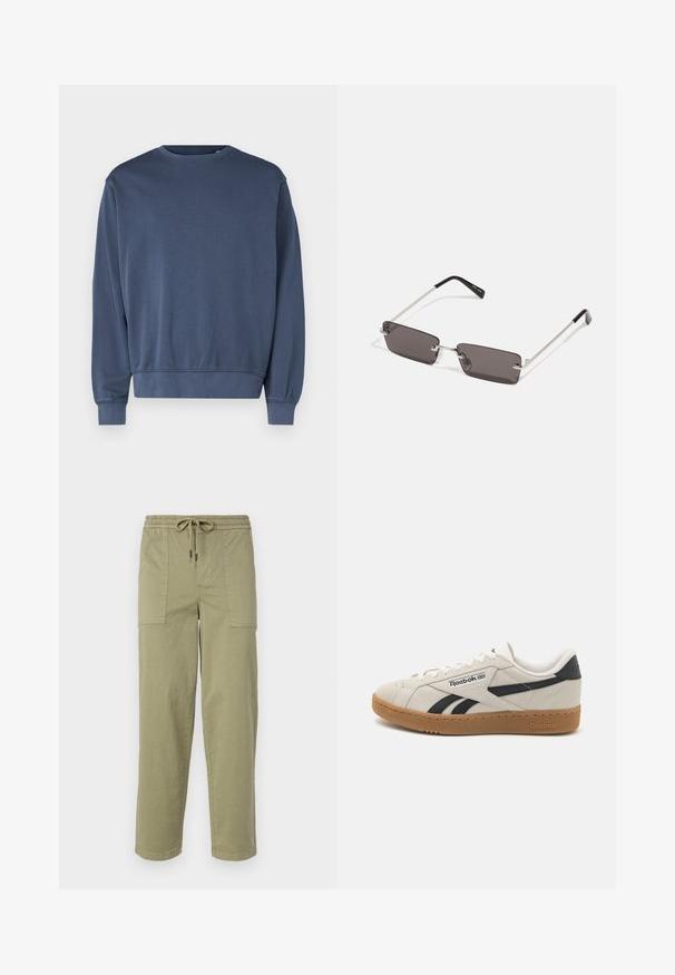Sötétkék pulóver puha anyagból, kerek nyakkivágással, hosszú ujjal, bordázott mandzsettákkal és szegélyezéssel. Egyszerű dizájn, minta vagy grafika nélkül.; Világos olíva zöld színű, pamut keverékből készült nadrág, rugalmas derékrésszel és zsinórral, valamint két nagy oldalzsebbel.; Reebok sneaker bézs velúrból fekete akcentusokkal. Jellemzője a gumi talp, a hagyományos fűzőrendszer és a párnázott nyak a kényelem érdekében.; Napszemüveg téglalap alakú, sötétszürke lencsékkel, ezüstszínű fémkerettel és fekete műanyag végű szárakkal. Könnyű kivitel, orrpárnákkal.