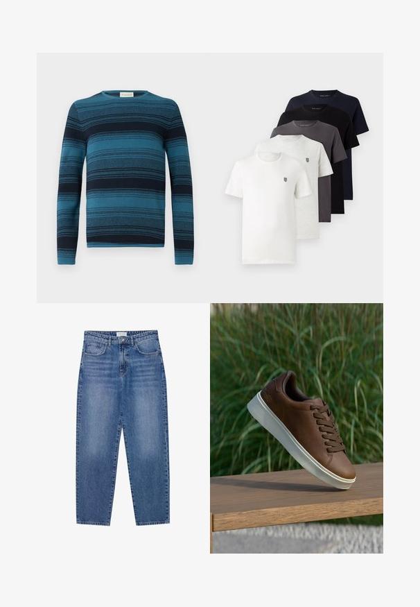 Sinine ja tumesinine triibuline pika varrukaga sviiter, millel on ümmargune kaelus, tekstureeritud kangas ja detailne kudumise muster üle kogu toote.; Viis lühikeste varrukatega puuvillast t-särki valges, heles hallis, tumedas hallis, tumesinises ja mustas värvitoonis, millel on rinnal väike logo.; Sinine denimpüksid kõrge vöökoht, sirge jala disain ja kulunud viimistlus. Omab viit taskut ja nööbikinnitust.; Pruun nahast tenniseking valge kummist tallaga, ümar varvas ja pruunid laced. Talla tekstuuriline haardepind ja ülemise sile pind.