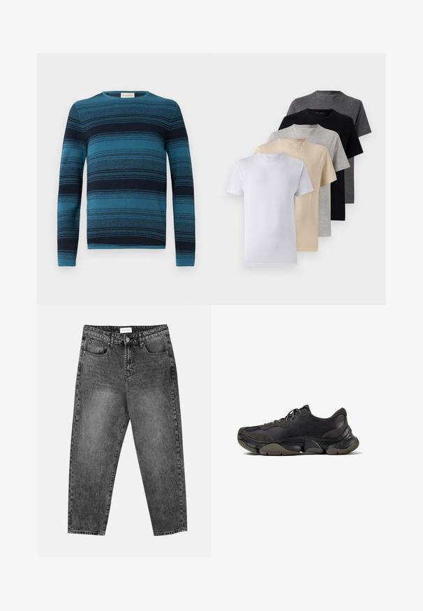 Blau- und marineblauer gestreifter Pullover mit langen Ärmeln, rundem Ausschnitt, strukturiertem Stoff und detaillierten Strickmustern throughout.; Set aus fünf Kurzarm-T-Shirts in Weiß, Beige, Hellgrau, Dunkelgrau und Schwarz. Hergestellt aus glattem Baumwollmaterial, mit Rundhalsausschnitt.; Schwarz gewaschene gerade Jeans mit vorderen und hinteren Taschen, Gürtelschlaufen und einem Knopfverschluss an der Taille.; Schwarzer Sportschuh mit strukturiertem Sohle, Obermaterial aus Leder und Wildleder, gepolstertem Kragen und Schnürverschluss, im seitlichen Profil dargestellt.