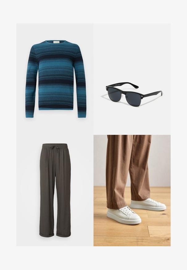 Sweater de manga longa listrado em azul e azul-marinho com decote redondo, tecido texturizado e padrões de malha detalhados por todo o material.; Calças largas de cor cinza escuro com um cós ajustável, feitas de um tecido macio e texturizado, apresentando punhos dobrados nos tornozelos.; Pessoa a usar ténis brancos texturizados de cano baixo e calças castanhas largas, em pé num chão de madeira clara.; Óculos de sol pretos com forma retangular, lentes escuras, detalhes em prata nas hastes e um acabamento mate na armação.