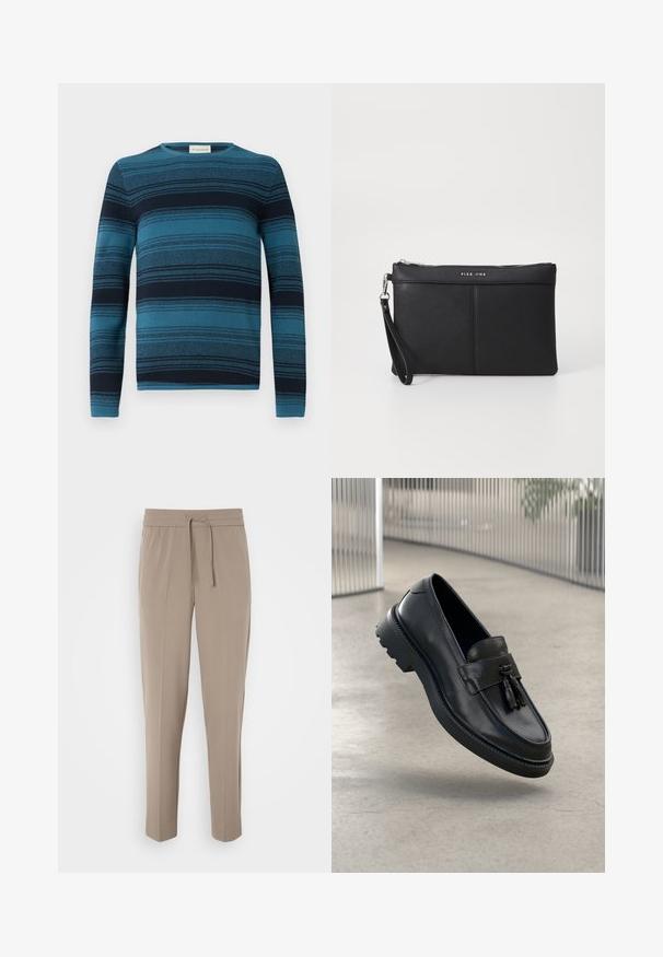 Blå og marineblå stribede langærmede sweater med rund hals, tekstureret stof og detaljerede strikkemønstre overalt.; Lys beige bukser med elastisk talje, justerbar snor og tapered ben. Stoffet ser glat ud med en let glans.; Sorte læderloafer med glat finish, dekorativ kvast, tyk gummisål og syede detaljer. Let og elegant design.; Sort syntetisk clutch med lynlåslukning, håndledsrem og en glat overflade. Har diskret syninger og et præg af logoet på fronten.