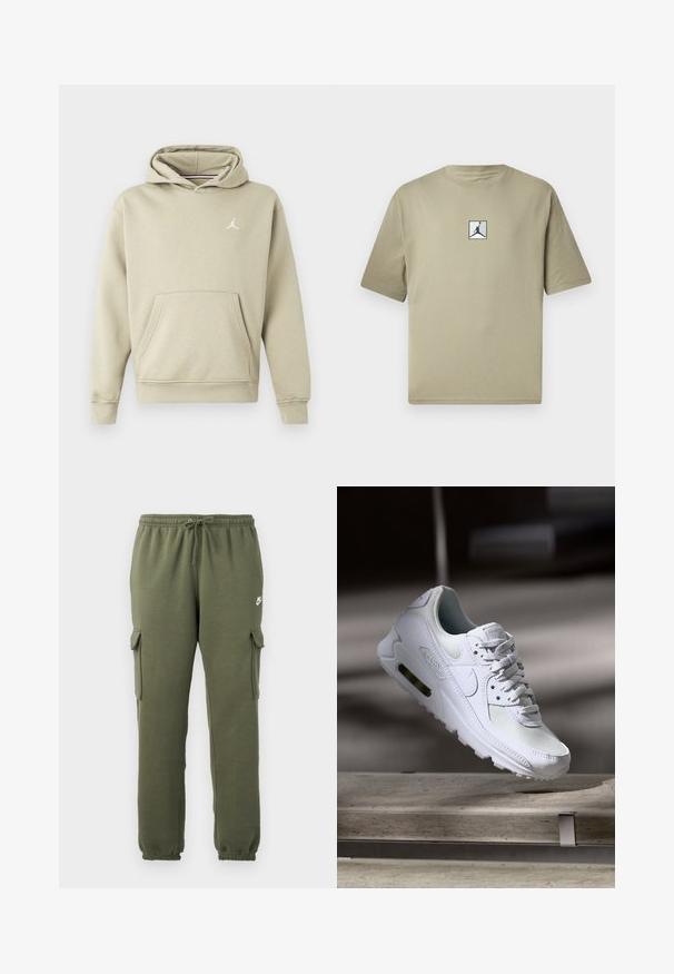 Felpa con cappuccio in misto cotone color beige chiaro, con tasca frontale e logo Jordan bianco sul petto. Tessuto morbido, vestibilità standard.; T-shirt in cotone khaki con maniche corte, caratterizzato da un piccolo logo Jordan nero su uno sfondo bianco sulla parte anteriore. Design semplice e vestibilità rilassata.; Pantaloni cargo verde oliva con vita elastica, chiusura con cordino, tasche laterali e logo del marchio sulla coscia. Tessuto in morbido cotone misto.; Sneaker Nike Air Max 90 bianco con tomaia in mesh e pelle, punta forata e un'unità air visibile nel tallone.