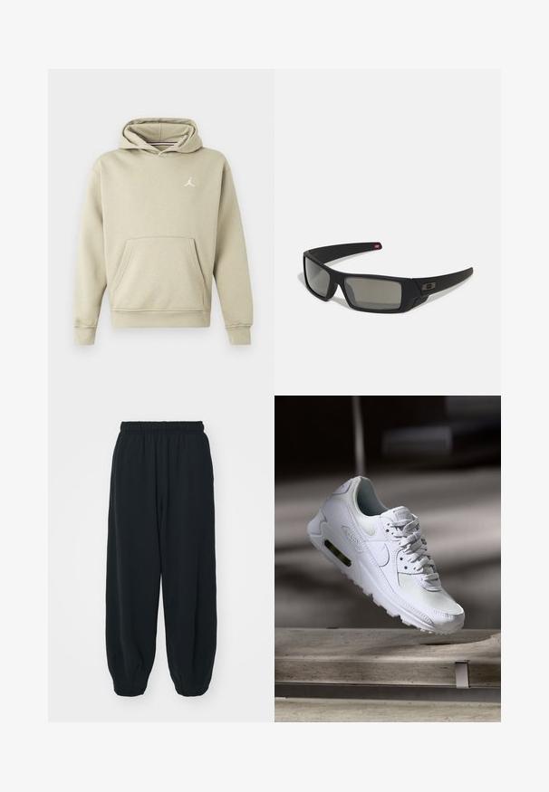 Kapuzensweatshirt aus leichtem beigen Baumwollmix, mit einer Vordertasche und einem weißen Jordan-Logo auf der Brust. Weiche Textur, normale Passform.; Schwarze Sweatpants mit elastischem Bund, lockerer Passform, gerippten Beinabschlüssen, glatter Textur und ohne sichtbare Muster oder Hardware-Akzente.; Weiße Nike Air Max 90 Sneaker mit einem Obermaterial aus Mesh und Leder, durchlässigem Zehenbereich und einer sichtbaren Air-Einheit in der Ferse.; Schwarze Sonnenbrille mit matter Oberfläche, rechteckigen Gläsern, leichtem Bogen an den Schläfen, dezentem Logo-Detail und rauchgetönten Gläsern.