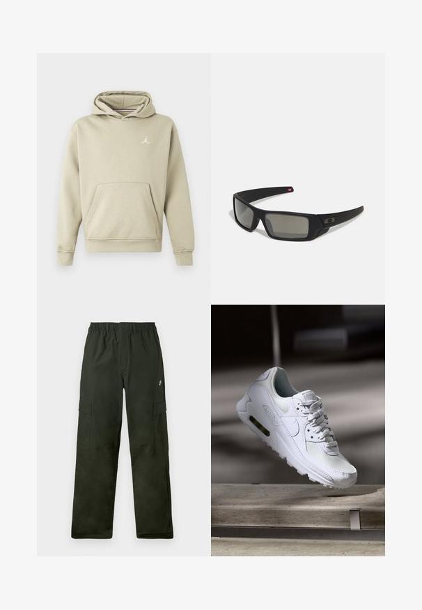 Šviesiai bežinė medvilnės mišinio gobtuvinė maikutė, su priekinėmis kišenėmis ir baltu Jordan logotipu ant krūtinės. Minkšta tekstūra, standartinė pritaikymo.; Tamsiai žali kroviniai šortai iš elastingos medžiagos, turintys dvi šonines kišenes ir mažą logotipą priekyje.; Baltos Nike Air Max 90 sportbačiai su.comi ir odos viršumi, perforuota pirštų dėžute ir matomu oro pagalvėle kulne.; Juodi akiniai saulės su matinio paviršiaus užbaigimu, stačiakampiai lęšiai, švelnus lenkimas ant šventyklų, subtilus logotipo detalizavimas ir dūminiai lęšiai.