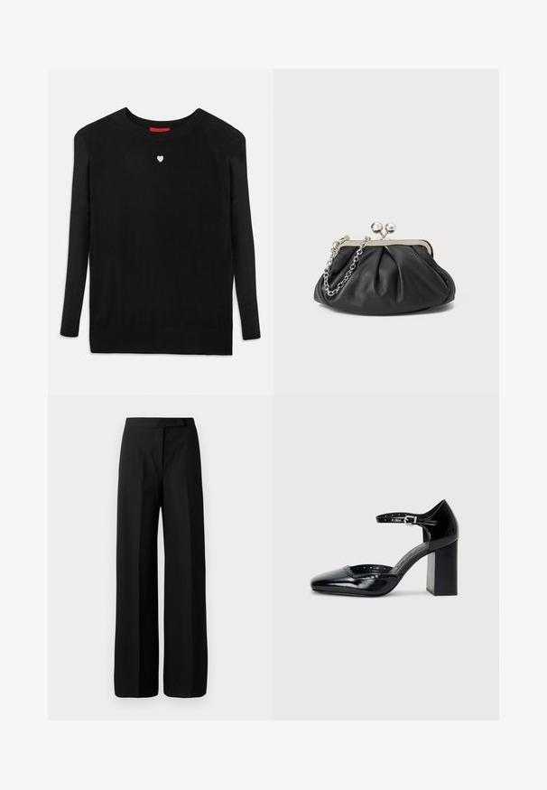 Fekete kötött pulóver hosszú ujjal, kerek nyakkivágással és egy kis fehér szívvel a mellkasán. Puha tapintású, bordás mandzsettákkal és aljjal.; Széles szárú fekete nadrág sima, matt textúrával. Lapos derékpánt, amelyen nincs látható fémrész vagy mintázat. Egyszerű és elegáns dizájn.; Fekete patent bőr, magas sarkú cipők négyzetes orral, bokapánttal és vastag sarkal. A szélén lyukacsos díszítéssel.; Fekete bőr táska ráncolt textúrával, ezüst színű fémszerkezettel, csattal záródó fedéllel és láncos pánttal. Simító, puha felület.
