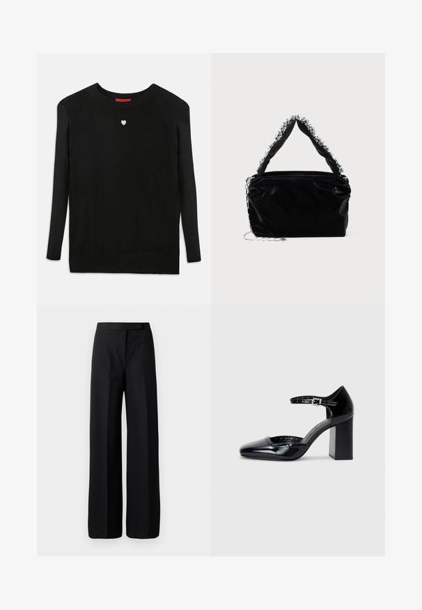 Melns adīts džemperis ar garām piedurknēm, apaļu kakla izgriezumu un mazu baltu sirdi uz krūšu daļas. Mīksta tekstūra un ribota piedurkņu un apakšmalas apdare.; Platas kājas melnas bikses ar gludu, matētu tekstūru. Plats jostasvieta bez redzamām pacelšanām vai rakstiem. Vienkāršs un elegants dizains.; Melna lakota ādas augstpapēžu kurpes ar kvadrātu purngalu, potītes siksniņu un masīlu papēdi. Iekļauj perforētu apdari gar malu.; Melnā mākslīgās ādas rokassomu ar teksturētu apdari, kas piedāvā pērlītēm rotātu sudraba akcentu augšējā rokturī un ķēdes siksnu.