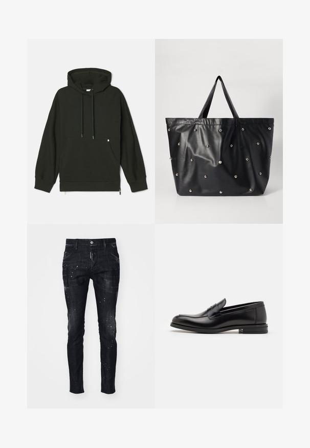 Huppari tummanvihreänä, jossa on etutasku, kiristysnaruja ja vetoketjusomiste helmoissa. Valmistettu pehmeästä, tekstuurista kankaasta.; Valkoinen puuvillainen hihaton toppi, jossa on pyöreä pääntie. Topissa on sileä pinta ja se on muotoiltu istuvaksi, suunniteltu rentoon käyttöön.; Mustat farkut, joissa on kapea istuvuus, kulunut pinta, maalisiroteita ja rohkeita graafisia printtejä edessä.; Mustat nahkakengät, joissa on sileä pinta, pyöreä kärki ja koristeellinen nauha jalkapöydän yli. Matala pinoitu koroke, minimalistinen muotoilu.; Musta olkalaukku, joka on valmistettu sileästä synteettisestä materiaalista. Laukussa on pehmeä tekstuuri, ja sen pinnalla on tasaisesti sijoitettuja hopeisia koriste-nastoja.