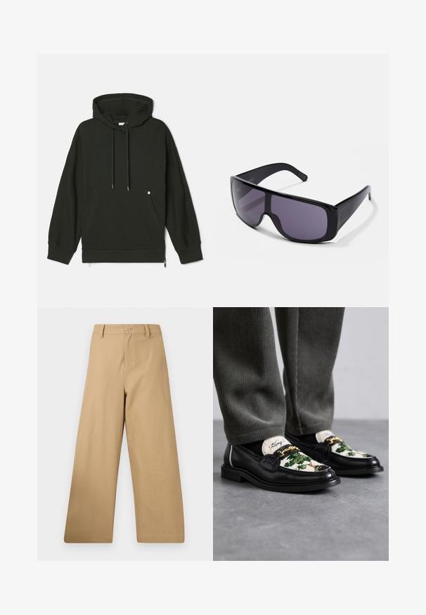 Felpa con cappuccio di colore verde scuro, con tasca frontale, cordini e dettaglio con zip all'orlo. Realizzata in un tessuto morbido e testurizzato.; Pantaloni a gamba larga in tessuto marrone chiaro, con chiusura a bottone, passanti per la cintura e una superficie liscia senza motivi visibili.; Mocassini neri in pelle con una parte superiore decorativa in tessuto verde e bianco. Presentano un'accento in catena dorata e una suola nera textured.; Occhiali da sole neri con design avvolgente, lenti scure, montatura in plastica liscia e logo discreto sulla asta.