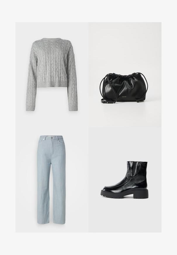 Grå kortärmad tröja med ett kabelstickat mönster, rund halsringning och ribbade ärmslut samt fåll. Tillverkad av mjukt, strukturerat stickat material.; Ljusblå raka jeans i denim. Har fem fickor, en metallspänne och subtila slitageeffekter för textur.; Svarta anklar stövlar med en glänsande lackläderfinish, kraftig svart gummisula och upphöjd klack; inkluderar subtil logotypdetalj på sidan.; Svart läderhandväska med samlad design, dubbel dragsko-stängning och avtagbar axelrem. Har metalliskt logotypdetalj.