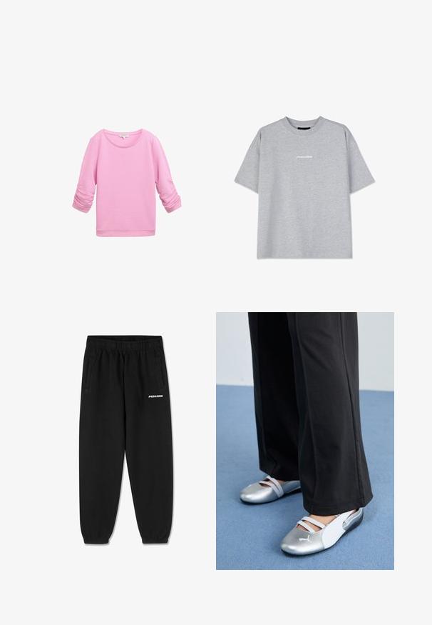 TOM TAILOR DENIM STRUCTURED - Sweatshirt - soft summer pink; Graue Baumwoll-T-Shirt mit kurzen Ärmeln, ausgestattet mit einem Rundhalsausschnitt und einem kleinen weißen "PEGADOR"-Logo auf der Vorderseite. Weiche Textur, lockere Passform.; Schwarze Jogginghose aus weichem Stoff, mit einem Kordelzugbund, schmal zulaufenden Beinen und seitlichen Taschen. "PEGADOR" Logo in Weiß auf der Vorderseite.; Silberne und weiße flache Schuhe mit überkreuzten Riemen und strukturierten Details, ergänzt durch lockere schwarze Hosen. Vor einem blauen Boden.