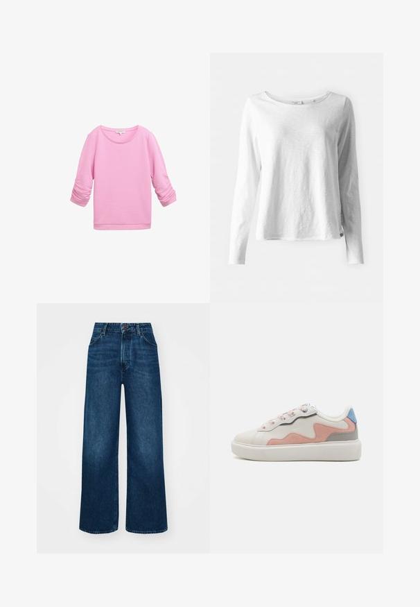 TOM TAILOR DENIM STRUCTURED - Felpa - soft summer pink; T-shirt bianco a maniche lunghe in tessuto morbido e leggero; presenta un collo rotondo e una vestibilità leggermente rilassata; etichetta visibile sul lato.; Jeans a vita alta e gamba larga in denim blu scuro con una texture liscia, cuciture a contrasto e design a cinque tasche. Chiusura frontale con bottone.; Sneaker basse con una tomaia in sintetico bianco, accenti in suede rosa e grigio, suola in gomma bianca texturizzata e lacci colorati.