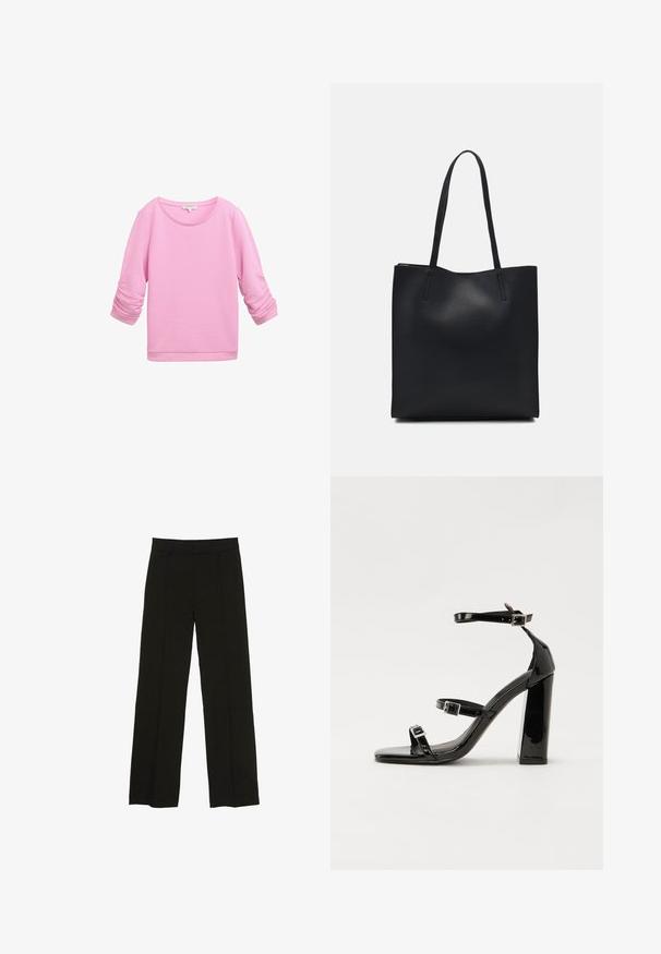 TOM TAILOR DENIM STRUCTURED - Mikina - soft summer pink; Čierne široké nohavice vyrobené z hladkej tkaniny, so priliehavým pásom a jemnými prednými záhybmi pre zvýšenie textúry.; Čierne lakované sandále na podpätku so štvorcovou špičkou, navlečenými remienkami okolo členku a striebornými prackami. Disponujú masívnym blokovým podpätkom pre stabilitu.; Čierna kožená taška na rameno s hladkým povrchom, obdĺžnikovým tvarom a dvoma dlhými uchami. Bez viditeľného kovania alebo ozdôb.