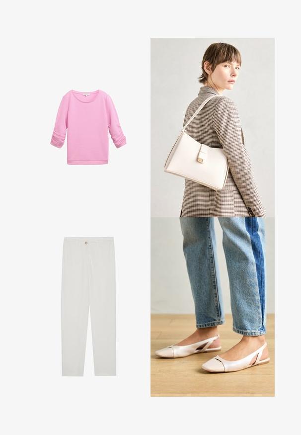 TOM TAILOR DENIM STRUCTURED - Pusa - soft summer pink; Valged kohandatud püksid sirge lõikega, varustatud nupuga kinnitusega, vöödega ja küljetaskutega; sile kangatekstuur.; Kahvatu roosa slingback lapikute jalatsite paar, millel on terav varvas, valmistatud siledast nahataolisest materjalist. Omab külgedel lõikekohti ja lapikut kontsa.; Valge nahast käekott struktureeritud disainiga, millel on magnetlukk ja õlavarre rihm, esitletud neutraalse tausta ees.