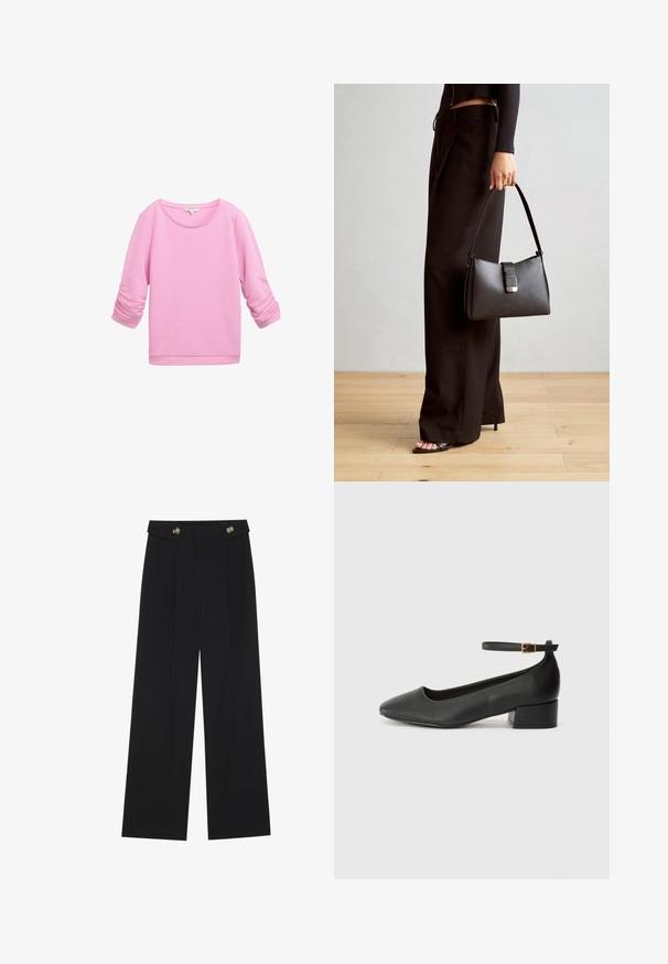TOM TAILOR DENIM STRUCTURED - Sudadera - soft summer pink; Pantalones de pierna ancha negros con cintura alta, detalles de botones en la cinturilla y pliegues en la parte delantera.; Zapato de tacón negro de cuero con punta afilada y tacón bajo cuadrado. Presenta una correa para el tobillo con una hebilla en tono dorado. Textura suave.; Bolso negro con forma estructurada, textura suave y un cierre metálico. Combinado con pantalones anchos negros y sandalias de dedo en un suelo de madera.
