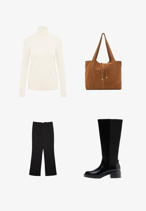 Krémový svetr s rolákem vyrobený z měkké pleteniny. Má dlouhé rukávy a žebrované manžety a lem.; Černé kalhoty s rovným střihem, s předními kapsami a bočními rozparky na lemu. Vyrobené z jemné, hladké tkaniny. Vhodné na různé příležitosti.; Černá kozačka ke kolenu z hladké kůže, s výrazným prošíváním, robustním podpatkem a texturovaným zadním panelem pro větší zajímavost.; Hnědá semišová taška s dvěma dlouhými popruhy, stahovací šňůrkou a minimalistickým designem. Hladký povrch a žádné viditelné kovové akcenty.