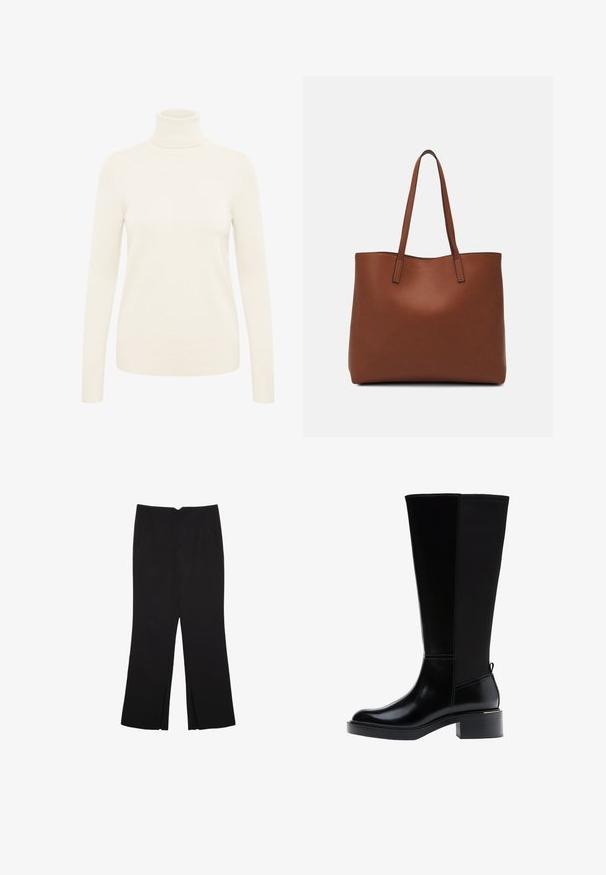 Krémový svetr s rolákem vyrobený z měkké pleteniny. Má dlouhé rukávy a žebrované manžety a lem.; Černé kalhoty s rovným střihem, s předními kapsami a bočními rozparky na lemu. Vyrobené z jemné, hladké tkaniny. Vhodné na různé příležitosti.; Černá kozačka ke kolenu z hladké kůže, s výrazným prošíváním, robustním podpatkem a texturovaným zadním panelem pro větší zajímavost.; Hnědá kožená taška přes rameno s hladkou texturou, otevřeným designem a dvěma ramenními popruhy. Obsahuje minimální švy a žádné viditelné kovové prvky.