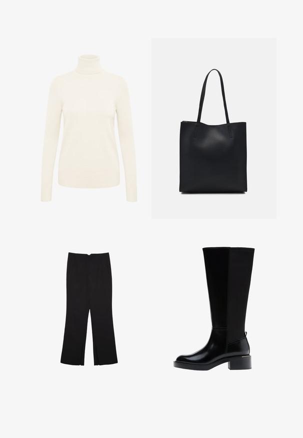 Cremfarbener Rollkragenpullover aus weichem Strickmaterial. Mit langen Ärmeln und gerippten Bündchen sowie Saum.; Schwarze Hose mit geradem Schnitt, ausgestattet mit Fronttaschen und Seitenschlitzen am Saum. Hergestellt aus weichem, glattem Stoff. Geeignet für verschiedene Anlässe.; Schwarzer kniehoher Stiefel aus glattem Leder, mit markanten Nähten, klobigem Absatz und einer strukturierten Rückseite für zusätzlichen Akzent.; Schwarze Laptoptasche aus Leder mit glatter Textur, rechteckiger Form und zwei langen Griffen. Keine sichtbaren Beschläge oder Verzierungen.