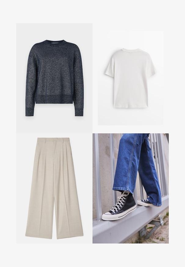 Marineblauer Strickpullover mit rundem Ausschnitt, langen Ärmeln und einer strukturierten Oberfläche, die feine metallische Fäden enthält.; Weißes Baumwoll-T-Shirt mit kurzen Ärmeln, rundem Ausschnitt und glatter Textur. Die Rückseite ist einfarbig ohne zusätzliche Muster oder Designs.; Beige weit geschnittene Hose mit glatter Textur, Frontfalten, flachem Bund und maßgeschneidertem Design für eine lockere Passform.; Schwarze High-Top-Sneaker mit weißer Sohle und Schnürsenkeln, kombiniert mit lockeren blauen Jeans, die auf einem grauen Geländer ruhen.