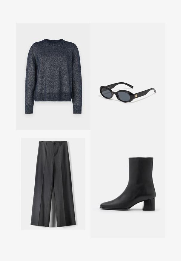 Námornícky pletený sveter s okrúhlym výstrihom, dlhými rukávmi a textúrovaným povrchom s jemnými kovovými vláknami po celom svete.; Široké nohavice z tmavosivej látky, ktoré majú gombíkový uzáver, predné skladanie a pútka na opasok. Hladká textúra s elegnatným strihom.; Čierna kožená členková čižma s špicatou špičkou a masívnym štvorcovým podpätkom. Hladká textura s bezšvovým dizajnom a minimalistickým prešívaním.; Čierne oválne slnečné okuliare s tmavými sklami, lesklý plastový rám, široké ramená a malý zlatý akcent na jednej strane.