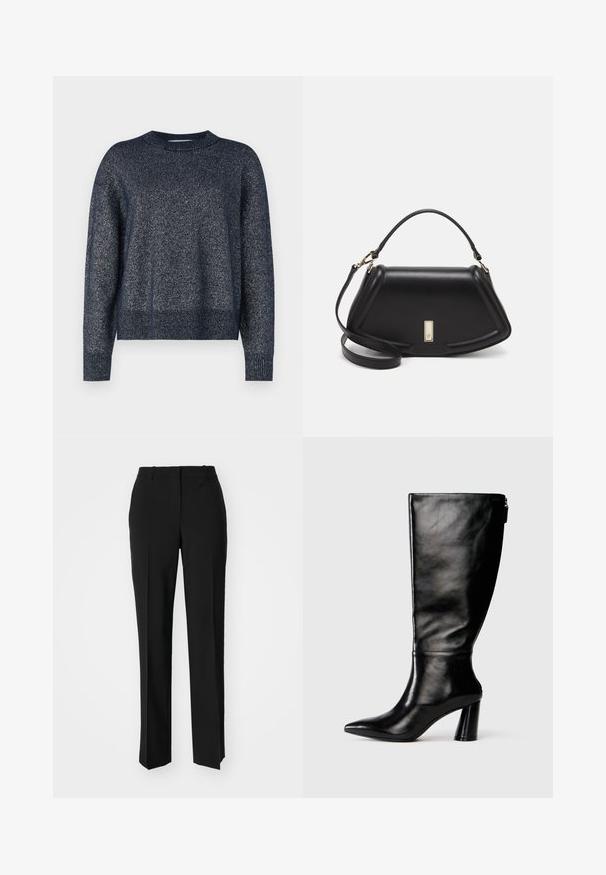 Granatowy sweter dziany z okrągłym dekoltem, długimi rękawami i teksturowanym wykończeniem z delikatnymi metalicznymi nitkami wplecionymi w materiał.; Czarne spodnie o dopasowanym kroju z prostymi nogawkami, o gładkiej fakturze i wyraźnych zagięciach z przodu. Bez widocznych elementów metalowych.; Czarny skórzany but do kolan z ostro zakończonym noskiem, gładką fakturą i grubym obcasem. Posiada zamek z tyłu.; Czarna skórzana torebka o strukturalnym designie, z przyciętą formą, górnym uchwytem i złotymi akcentami. W zestawie regulowany pasek na ramię.