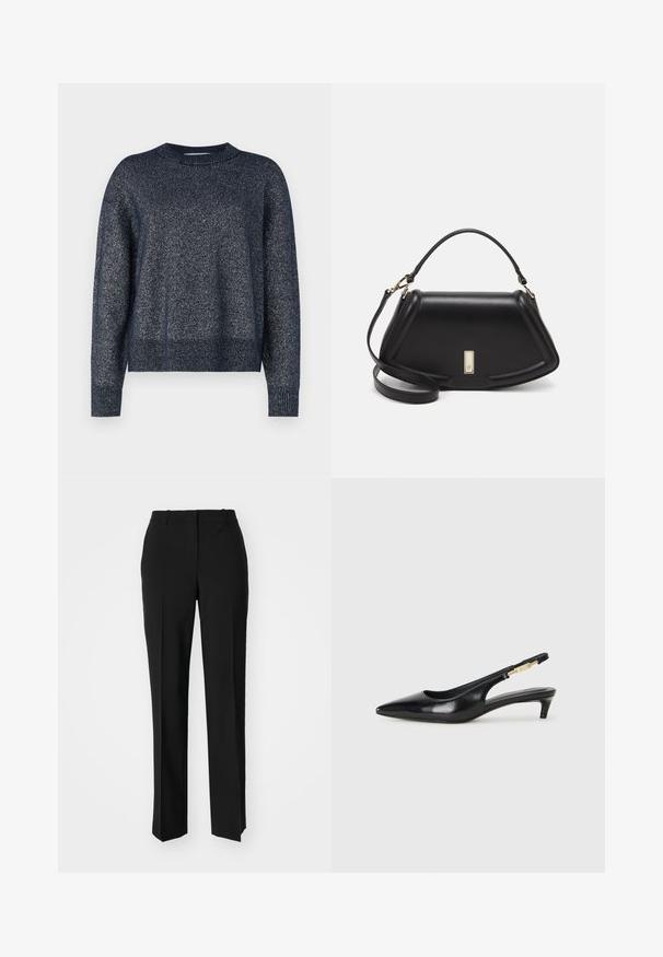 Navy knitted sweater with a round neckline, long sleeves, and a textured finish featuring subtle metallic threads throughout.; Black tailored trousers with a straight-leg design, featuring a smooth texture and crisp creases along the front. No visible hardware.; Black leather slingback heels with a pointed toe, featuring a slim heel and a gold-tone accent on the adjustable strap. Smooth texture.; Black leather handbag with a structured design, featuring a cropped shape, top handle, and gold hardware accent. Adjustable shoulder strap included.