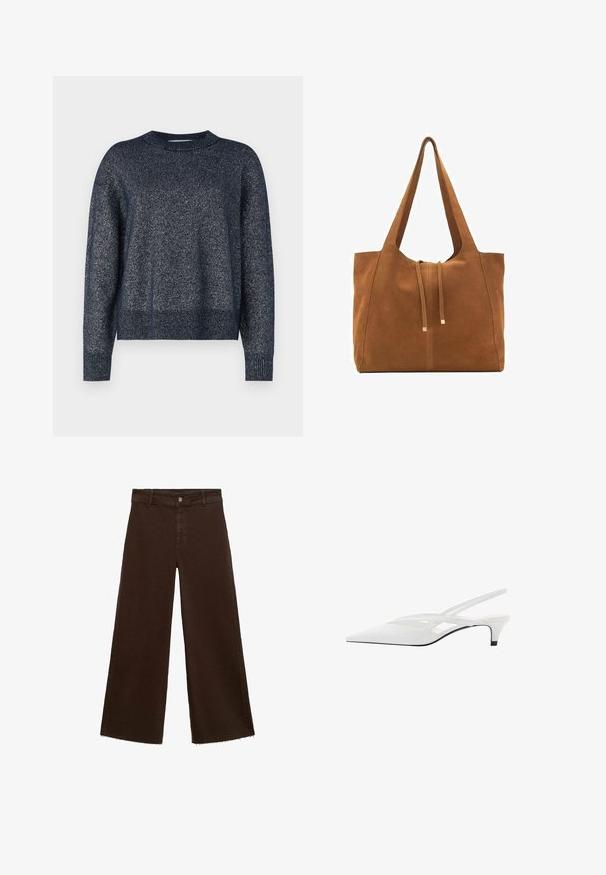 Maglione lavorato a maglia navy con scollatura tonda, maniche lunghe e una finitura testurizzata caratterizzata da sottili fili metallici intrecciati.; Pantaloni larghi marroni in misto cotone, caratterizzati da orlo sfrangiato, chiusura frontale con bottone e classico design a cinque tasche. Minimalisti e versatili.; Décolleté bianco con punta affilata, caratterizzato da una tomaia liscia, sottili aperture e un tacco a blocco basso. La suola nera esalta il design.; Borsa a tracolla in suede marrone con due lunghe cinghie, chiusura con cordoncino e design minimalista. Texture liscia e senza elementi hardware visibili.