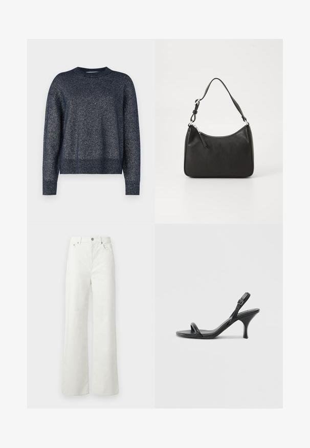Marineblauer Strickpullover mit rundem Ausschnitt, langen Ärmeln und einer strukturierten Oberfläche, die feine metallische Fäden enthält.; Samsøe Samsøe SHELLY - Jeans Relaxed Fit - clear cream; Schwarze Leder-Sandalen mit hohen Absätzen, schlankem, gebogenem Absatz und gekreuztem Riemendesign. Verstellbarer Knöchelriemen. Glatte Textur.; Schwarze Lederhandtasche mit geschwungener Form, einem einzigen Tragegurt, Reißverschlussverschluss und dezentem Branding auf der Vorderseite. Glatte Textur, minimalistisches Design.