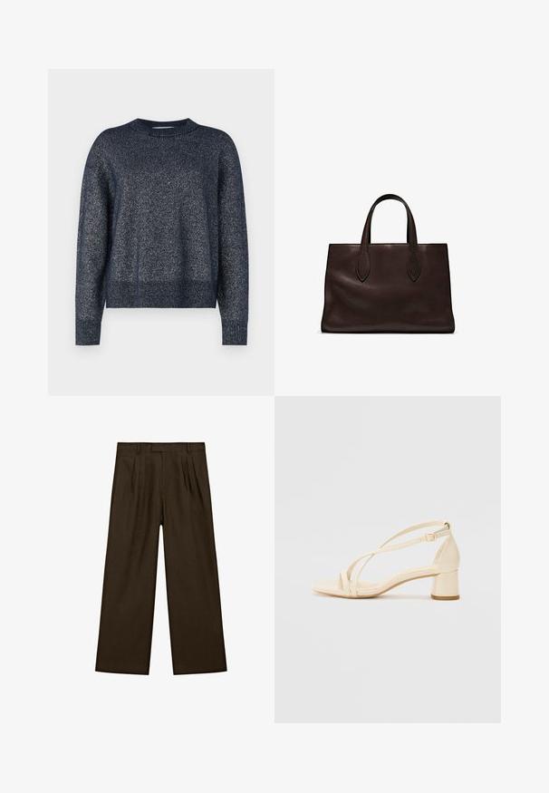Marine gebreide trui met een ronde halslijn, lange mouwen en een gestructureerde afwerking met subtiele metalen draadjes doorheen.; Bruine linnen broeken met een relaxte pasvorm, voorzien van voorplooien, een platte tailleband en brede, rechte pijpen voor een moderne silhouet.; Beige hakken sandalen met een blockhak, strappy ontwerp en verstelbare enkelband, gemaakt van glad synthetisch materiaal met een matte afwerking.; Bruine leren tote bag met twee verlengde handvatten, gestructureerde rechthoekige vorm, gladde textuur en subtiele stiksels.