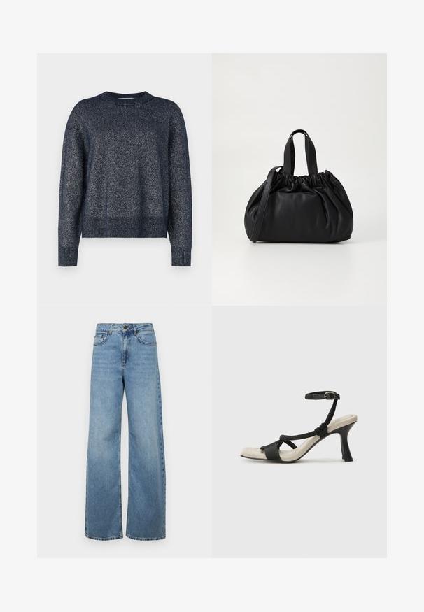 Marineblå strikket genser med rund hals, lange ermer og en teksturert finish som har subtile metalltråder gjennom hele.; Lyseblå vide jeans laget av denim, med høy midje, frontlommer og et klassisk fem-lommers design, med subtile falming.; Sorte helårs sandaler med flettet stroppesdesign, firkantet tå og justerbar ankelrem. Lys beige fotseng med glanset svart hæl.; Svart lærveske med en samlet toppdesign, som har to korte håndtak og en lang justerbar stropp. Glatt tekstur, rund form.