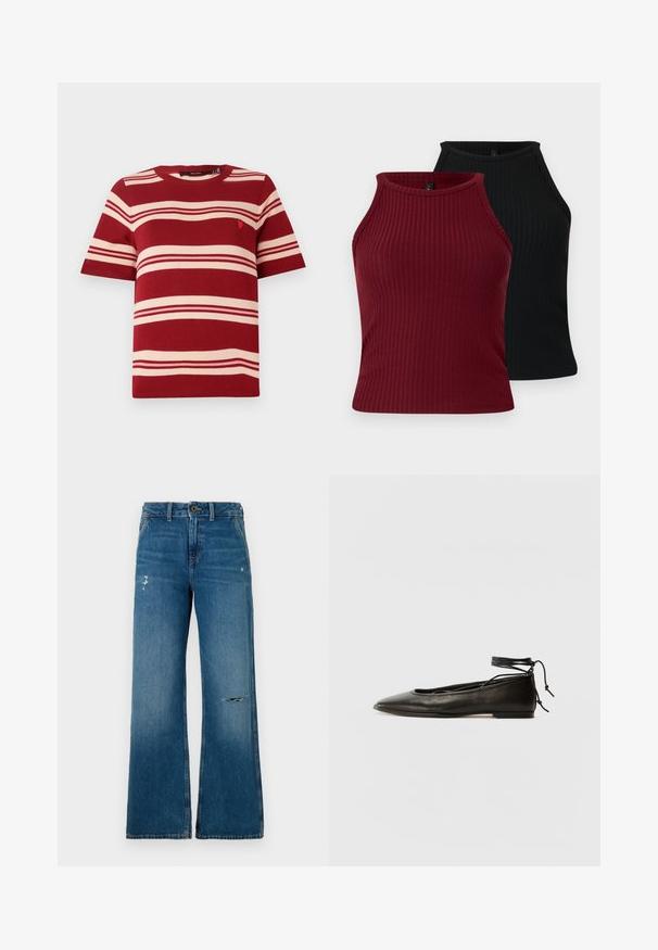 Κοντομάνικο πουλόβερ με κόκκινες ρίγες και κρέμ οριζόντιες ρίγες, καθώς και ένα μικρό έμβλημα κοντά στο στήθος. Ριμπέ λαιμόκοψη και μανσέτες.; Δύο ριγέ αμάνικα μπλουζάκια: ένα μπορντό και ένα μαύρο. Και τα δύο διαθέτουν ψηλό λαιμό με εφαρμοστή γραμμή και λεία υφή.; Μπλε τζιν παντελόνι με φαρδύ πόδι και ξεθωριασμένη υφή, με δύο φθαρμένα σημεία στο μπροστινό μέρος, κλείσιμο με κουμπί και σχεδιασμό πέντε τσεπών.; Μαύρες δερμάτινες μπαλαρίνες με μυτερή μύτη, λουράκι γύρω από τον αστράγαλο και επίπεδη σόλα, με απαλό υλικό και μινιμαλιστικό σχέδιο.